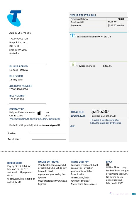 Australia Telstra telecommunications business utility bill template in Word and PDF format